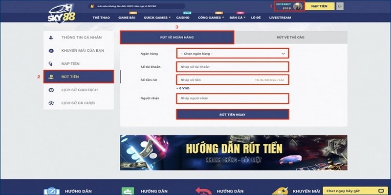 Hướng dẫn rút tiền Sky88 từ ví game ra bên ngoài